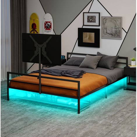 DESVIAE Lit gaming en métal avec support d écran réglable éclairage LED panier de rangement sous le lit noir 206 cm (1/5)