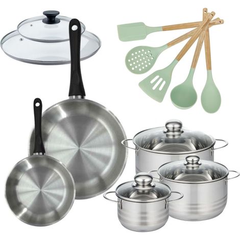 Lot de 2 Poêles 20/28cm avec couvercles et 3 Faitouts 16/20/24cm Fackelmann Généva avec 5 ustensiles Océan (1/5)