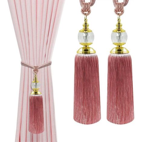Set aus 2 handgefertigten Quasten-Gardinenhaltern mit rosa Kristallquasten