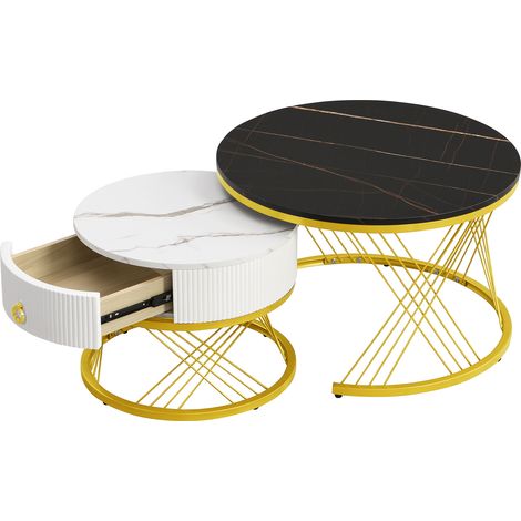 Table basse élégante modulaire: aspect marbre, décor doré, table d’appoint avec tiroirs – lot de 2 (1/5)
