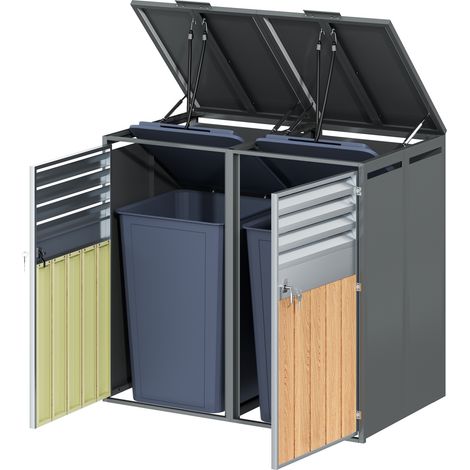 Box per Bidoni dei Rifiuti con Doppio Coperchio Ribaltabile Idraulico e Ante con Serratura in Acciaio Grigio Legno