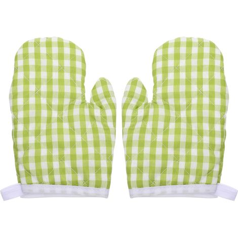 2PCS Kids Oven Mitts résistant à la chaleur, gants de four à micro-ondes anti-baldal (à carreaux verts) (1/5)