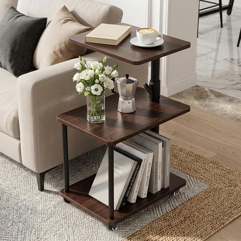 Table d’Appoint Bout de Canapé à roulettes avec Plateau Pivotant 360° Hauteur Réglable 47 71 cm Grand Rangement pour Salon Chambre Bureau Noir Noyer (1/5)