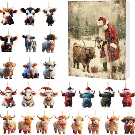 Calendrier de l'Avent 2026 avec vache des Highlands écossaises - Calendrier de l'Avent de 24 jours avec décorations à suspendre - 24 décorations pour sapin de Noël avec des vaches de dessin animé. (1/5)