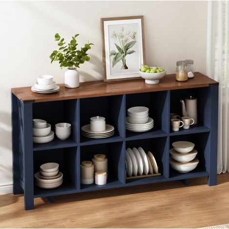 Credenza a 8 scomparti, ripiano orizzontale, in MDF blu, stabile e pratica, 140x34x75 cm (1/5)