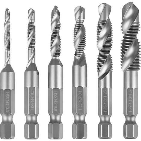 Juego combinado de brocas y machos de roscar de 6 piezas, M3, M4, M5, M6, M8, M10, con vástago hexagonal de 6 mm, capaz de taladrar y roscar, herramienta versátil, con revestimiento plateado resistent (1/5)