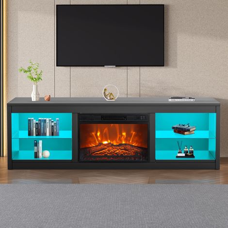 Parrot Uncle TV Stand with Electric Fireplace, 75 Inch Black High Gloss Media Console with LED Flame Effect Heater, Modern TV Cabinet with RGB Storage Lighting for Living Room
