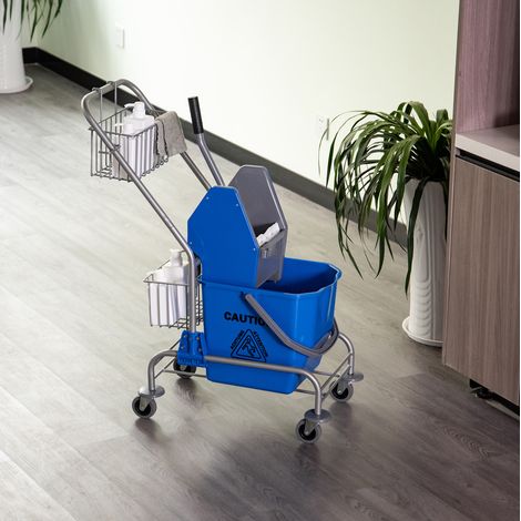 Carro de limpieza 73x45x95 cm, con prensa escurridora, 26 L, 2 cestas, plástico azul (1/5)