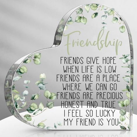Plaque cœur acrylique motif eucalyptus – Cadeau d’amitié pour femme, présent anniversaire et encouragement, souvenir presse-papiers déco maison bureau table étagère - 8.5x8.5x1cm (1/5)