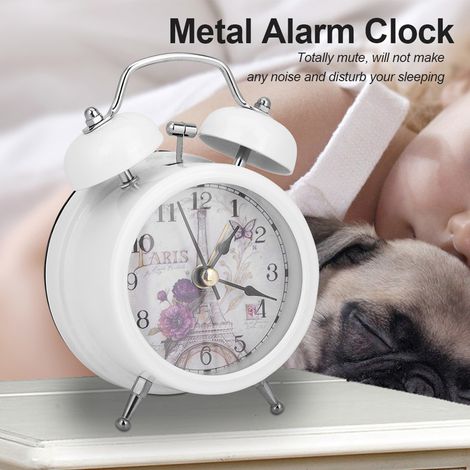Mini réveil numérique en métal silencieux avec lumière et clochette scintillante, idéal pour une chambre d'étudiant (blanc). (1/5)