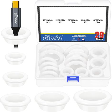 29pcs 5 - size rondelles creuses rondes en caoutchouc set, blanc percé double face creux trou bouchon, rondelle de câblage électrique circulaire pour fil, table, pompe, tuyau (1/5)