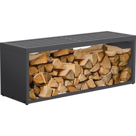 ML-Design Range-bûches pour intérieur et extérieur avec banc, acier galvanisé, conception 2-en-1 motif sobre, rangement bois de chauffage, support d'empilage résistant aux intempéries, 120x38x43 cm (1/5)