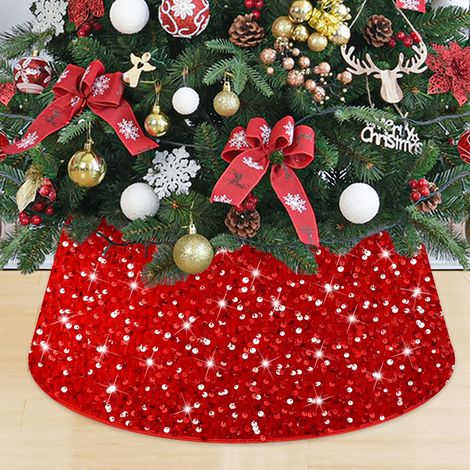 Col de sapin de Noël rouge Jupe de sapin de Noël à paillettes 60 cm Jupe d'arbre en velours scintillant Anneau de tronc de sapin de Noël étincelant Couverture de base pour fête de Noël (1/5)