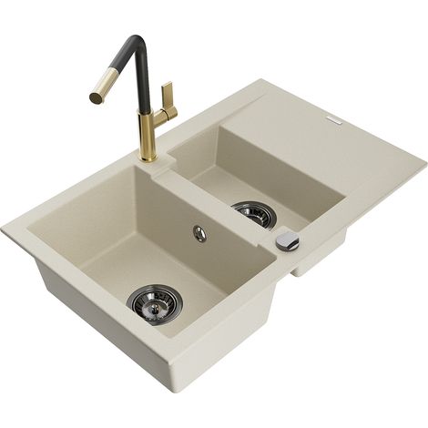 Mexen Gaspar évier en granit 1,5 bac avec égouttoir et robinet de cuisine Flora, beige - 6507-69-670401-57-B (1/5)