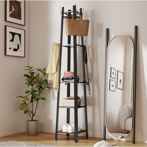 2-in-1-Garderobenständer Industriedesign 8 Haken • 4 Holzregale Braun • 34,8x34,8x179 cm (1/5)