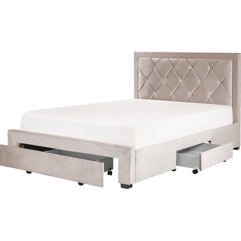 Cama con almacenaje de terciopelo beige 140 x 200 cm cajones cabecero alto capitoné glamuroso Lievin
