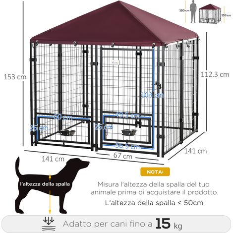 Parc extérieur pour chien, cage en acier verrouillable avec 2 gamelles rotatives, revêtement en tissu Oxford, niche noire et rouge (1/5)
