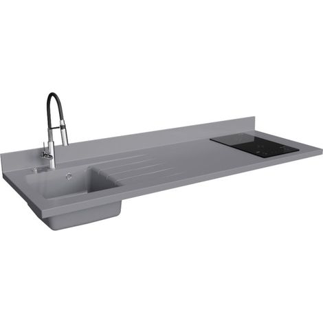 Plan de travail monobloc PlaniQuartz avec évier - 180 cm - Cromo - évier à gauche - Plaque de cuisson Induction (1/5)