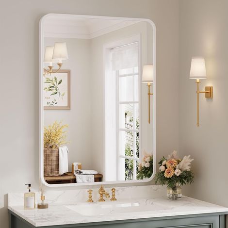 Dripex Miroir Salle de Bain 75x55cm Rectangulaire avec Cadre en Aluminium, Miroir Mural/Dressing/Salon Décoration HD Miroir de Maquillage (Blanc) (1/5)
