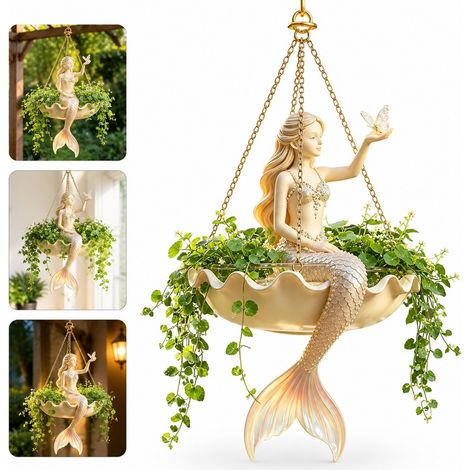 Pot de fleurs suspendu avec figurine de sirène, pot en résine avec chaîne pour décoration de jardin intérieur et extérieur (1/5)