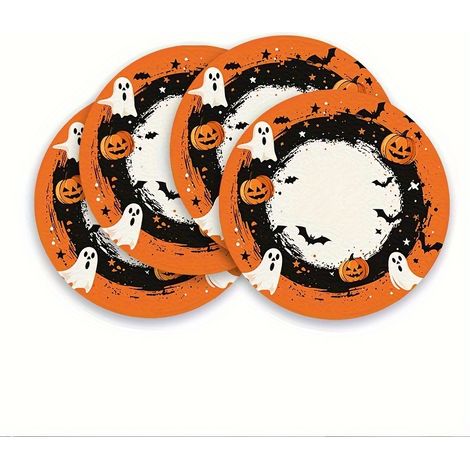 Sets de table Halloween, Sets de table ronds Citrouille et Tête de mort, Décorations de table Halloween, Nappes pour table basse salon - 37x37cm, Lot de 4 (Vinyle) - 8