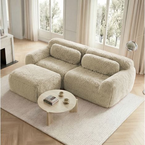 Sofá esquinero modular de 2 plazas en suave tejido de peluche, caqui claro, sin montaje,204x179x73 cm (1/5)