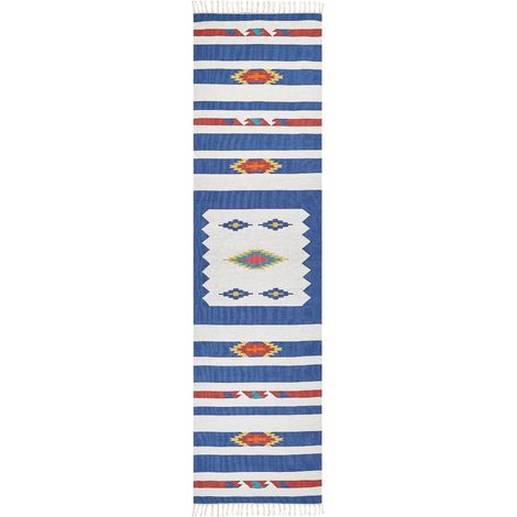 Tappeto Kilim in cotone tessuto a mano 80 x 300 cm reversibile con motivi geometrici e frange multicolore Varser (1/5)