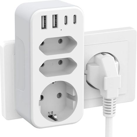 Regleta de pared con USB-C，3 tomas，3680W 16A，2 puertos USB-C y 2 puertos USB-A con interruptor，apta para teléfonos y tabletas (1/5)