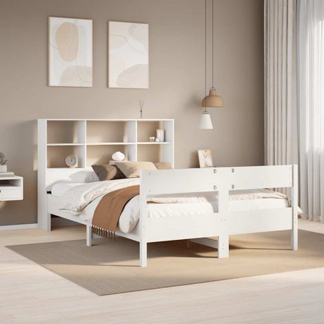 Lit bibliothèque 160 x 200 cm avec sommier à lattes, pin massif blanc, sans matelas, 47.5kg - PANGIVO (1/5)