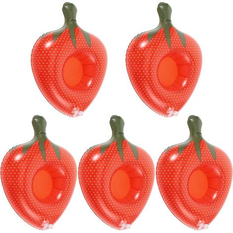 5 Pièces Porte-gobelet Gonflable Forme Fraise en PVC Rouge, Tapis Flottant Résistant pour Piscine et Fête Aquatique Accessoire Pratique et Solide pour (1/5)