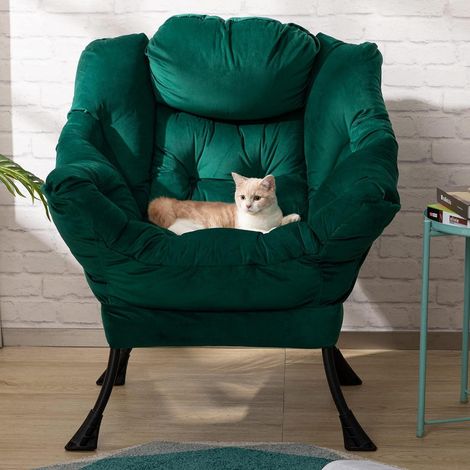 Fauteuil crapaud velours vert avec poche latérale et pieds en acier (1/5)