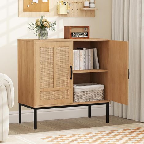GOPLUS Buffet Cuisine Rotin Cannage, 80 x 38 x 81 CM, Buffet Bas Boheme avec 2 Portes, Étagère Réglable en 3 Positions, Pieds en Métal, Kits Antibascule, Grand Plateau, pour Cuisine, Salon (Naturel) (1/5)