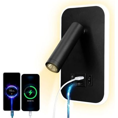 LED lampe de lecture lampe murale USB type - C double interrupteur de bouche de charge réglable 12W spot LED 3000k lampe murale aluminium lit lumière pivotante (Rectangulaire noir) [Classe énergétique (1/5)
