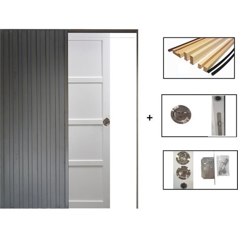 Porte Coulissante Tamera Blanc 4 Panneaux H204 X L93 + Systeme De Galandage Et Kit Finition Inclus