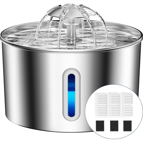 Fontaine a Eau Chat INOX, 2,2L Super Silencieuse Fontaine à Eau pour Chat avec Fil Système de Quadruple Filtration et 3 Filtre, Facile à Mettoyer, LED Fontaines pour Chats (1/5)