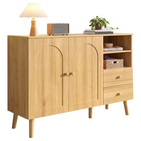 Credenza, ante curve, maniglie in legno, piedini in legno, con 2 ante, 2 cassetti e 2 vani a giorno, molteplici spazi contenitivi, per soggiorno, sala da pranzo, corridoio (1/5)