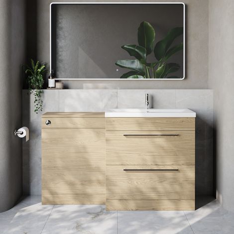 Napoli 390 Cento Light Oak 1400mm 2 Drawer Vanity Unit Toilet Suite with Glide Basin - 1400mm - Chrome 480mm HandleWithout Kingston Toilet Pan