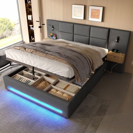 Lit avec Tiroirs 180 x 200 cm Lit avec Tiroirs Lit Coffre rangement hydraulique tête de lit en velours éclairage LED nocturne (1/5)