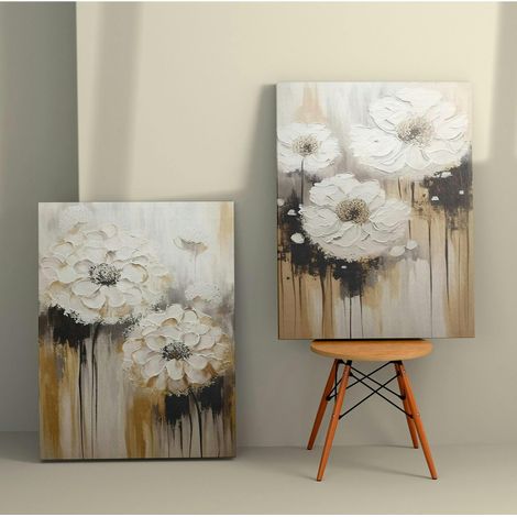 Tableau de fleurs blanches en relief – déco murale moderne (set de 2) (1/3)