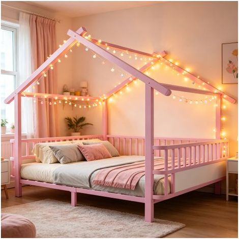 Lit Cabane - WESTYLE - Maison 140x200 - Métal - Rose - Barrières de sécurité (1/5)