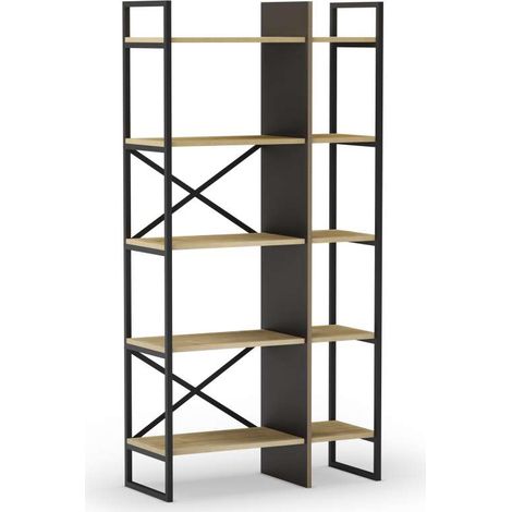 Estantería 5 estantes modelo Eva-87 acabado roble/negro, 175cm(alto) 87.5cm(ancho) 35cm(largo). (1/3)