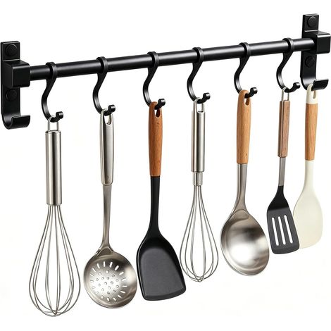 Crochet de cuisine 40 cm, barre en aluminium pour ustensiles de cuisine, barre pour ustensiles de cuisine avec 6 crochets mobiles, barre (1/5)