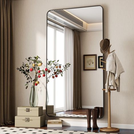 Koonmi Miroir pleine longueur à coins arrondis - 85 x 192 cm - Idéal pour la chambre, la salle de bain et le dressing - Noir (1/5)