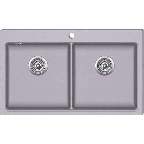 Évier de cuisine encastrable à 2 bacs 86 x 51 cm en granite blanc gris (1/3)
