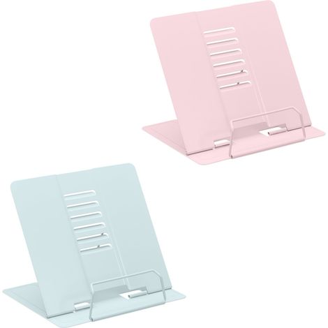 Relaxdays Buchständer, 2er Set, Leseständer 6-fach höhenverstellbar, Kochbuchhalter mit Klemme, Küche, Stahl, blau/rosa (1/5)