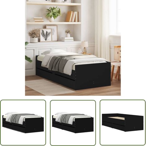The Living Store Cadre de lit avec tiroirs sans matelas noir 90x190 cm - Cadre De Lit - Lit Double - Meuble De Chambre - Rangement Sous Lit - Design Moderne (1/5)