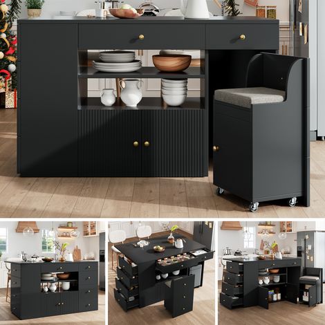 Îlot De Cuisine Avec Tabourets, Desserte De Cuisine Avec 6 Tiroirs, Largeur Réglable 140 × 40 (70) × 89 Cm, Noir