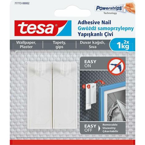 Ganci adesivi TESA per appendere quadri fino a 1 kg, ideali per carta da parati e intonaco bianco, confezione da 2 pezzi. (1/2)