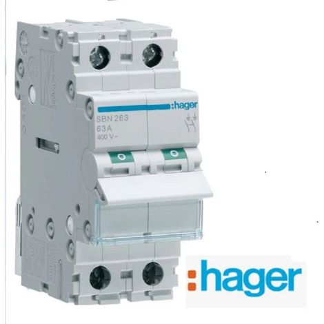 Hager – Interrupteur de coupure 2 pôles 63A – Tension 230V – Type AC – Courant 63A – Endurance 5000 cycles – Pour installations électriques professionnelles