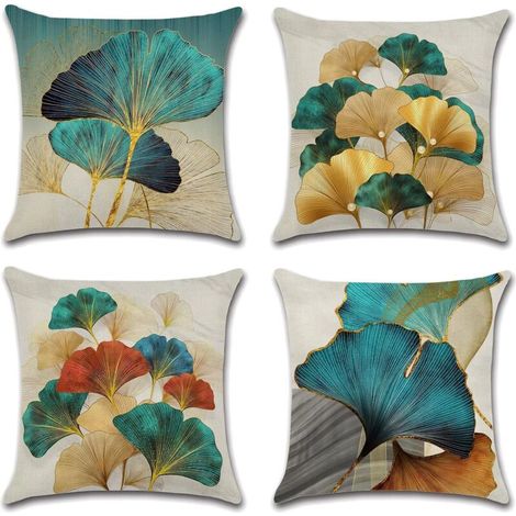 Federe in lino 40x40 cm – Set di 4 con motivo a foglie di ginkgo dorate su sfondo verde acqua, elegante e naturale stile scandinavo.